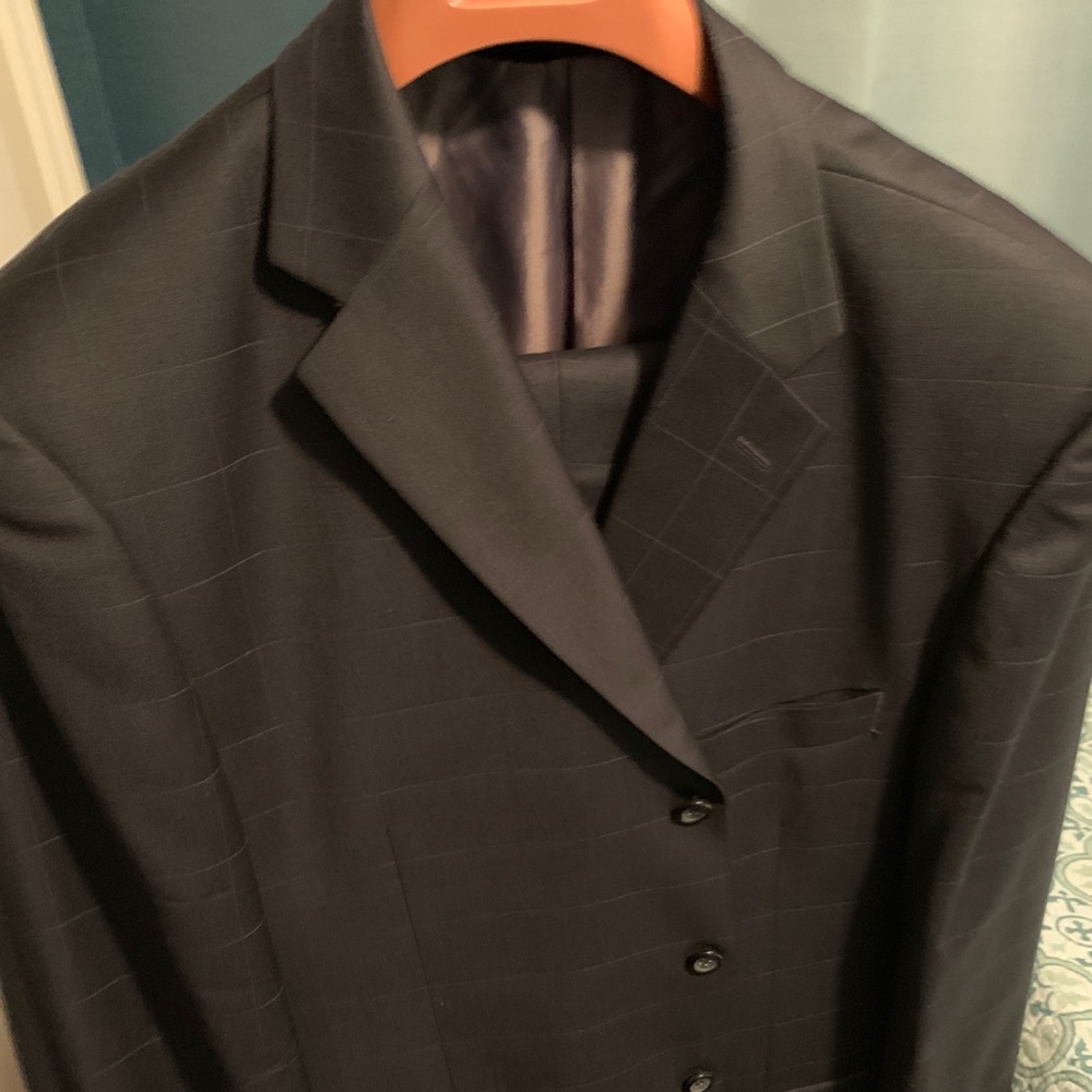 Blue 3 button WindowPane Suit, cuffed pants.